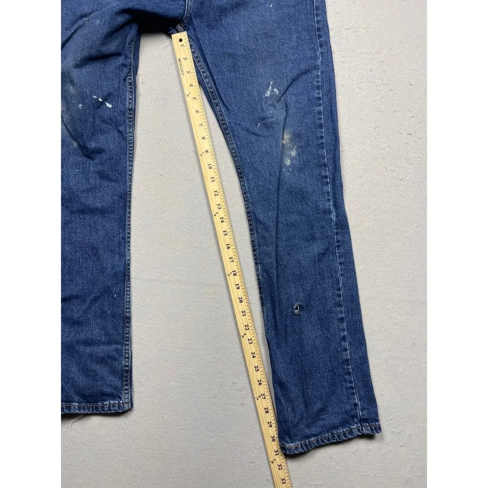 Levis 513 Slim Straight Jeans Mens 34x32 Blue Denim Distressed Paint Splatter
